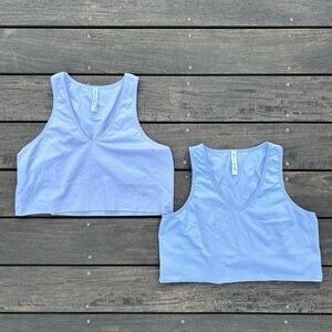 ❌SOLD❌ Two Light Blue/Lilac Purple Athleta Aurora Seamless Crop Rib Tanks V-Neck